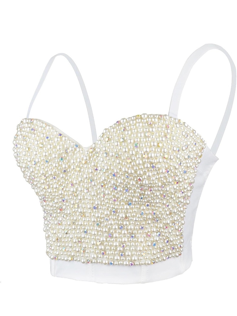 Pearl & Rhinestone Bustier Crop Top Push up Corset Top with Detachable Straps XL